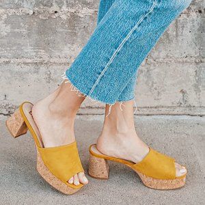 Lulus Adiyana Yellow Suede and Cork Platform Heels